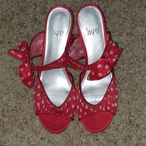 Vtg Retro Impo Red Polda Dot Bow Heels sz 8